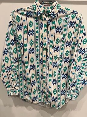 Vintage Sportfolio Southwestern Button-Up Shirt in Teal & Navy Ikat Print Small